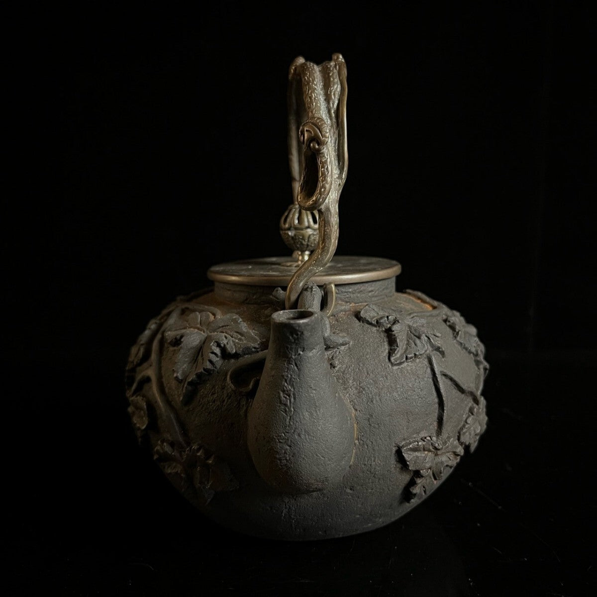 Antique Japanese Cast-Iron Tetsubin Kettle — Grapevine Relief, Sculptural Handle