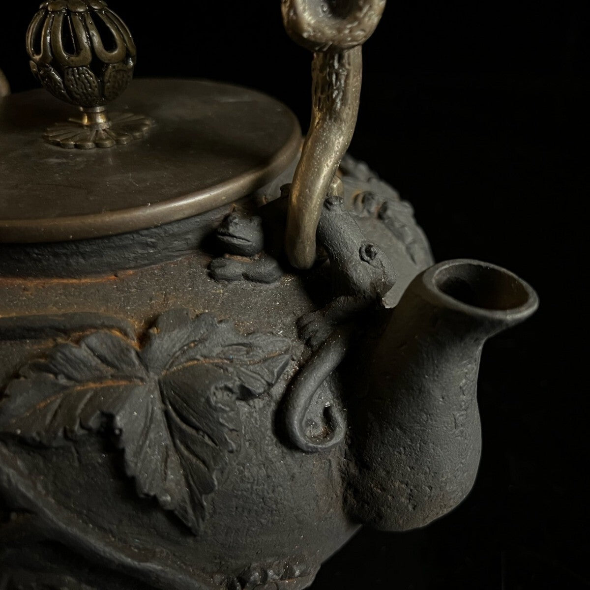 Antique Japanese Cast-Iron Tetsubin Kettle — Grapevine Relief, Sculptural Handle