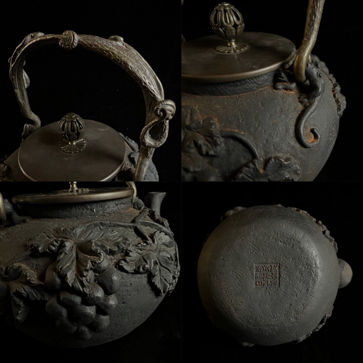 Antique Japanese Cast-Iron Tetsubin Kettle — Grapevine Relief, Sculptural Handle