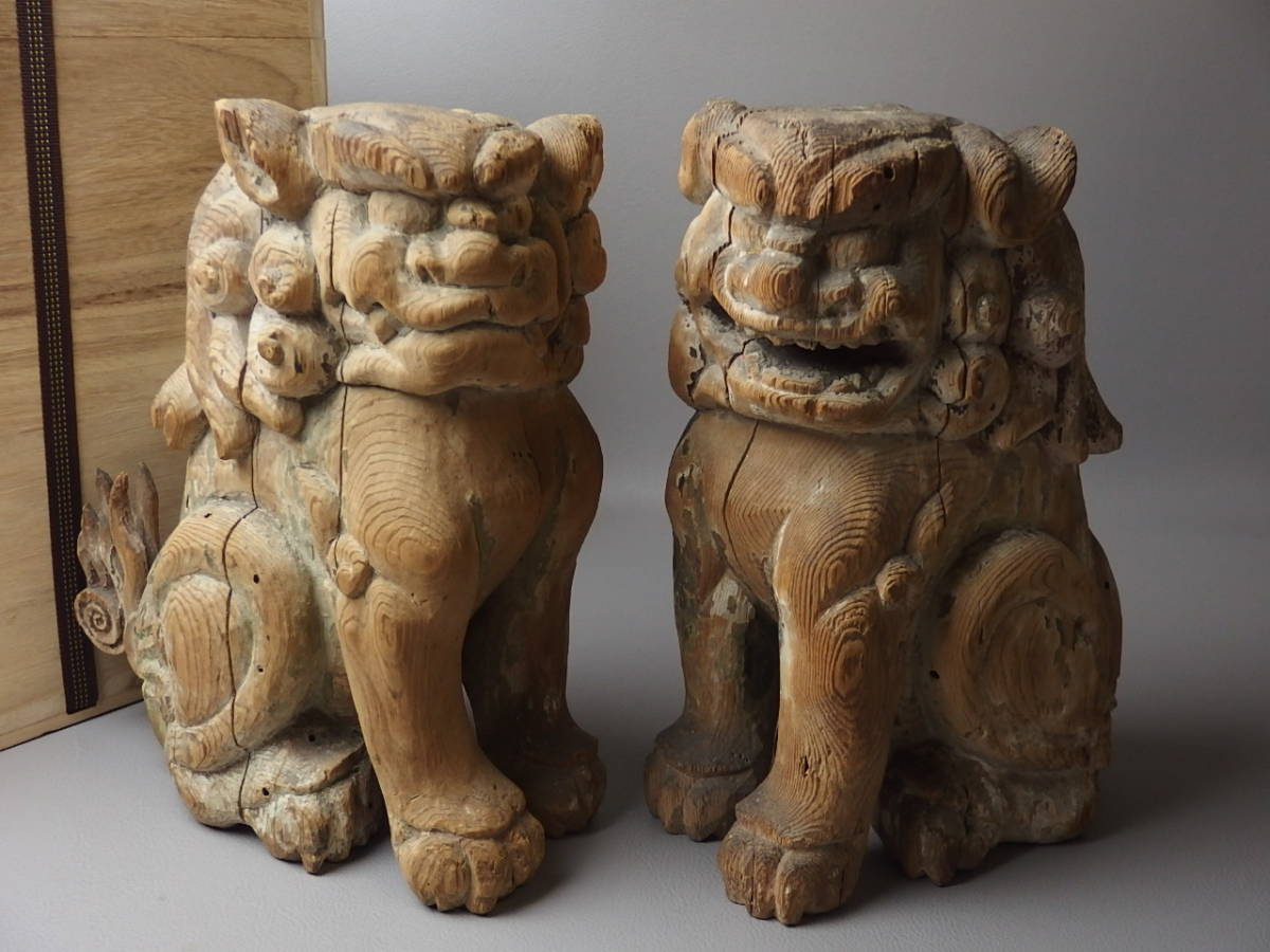 Antique Japanese Wooden Komainu Shishi Guardian Lion Dog Pair Polychrome Shrine Sculpture Edo Period