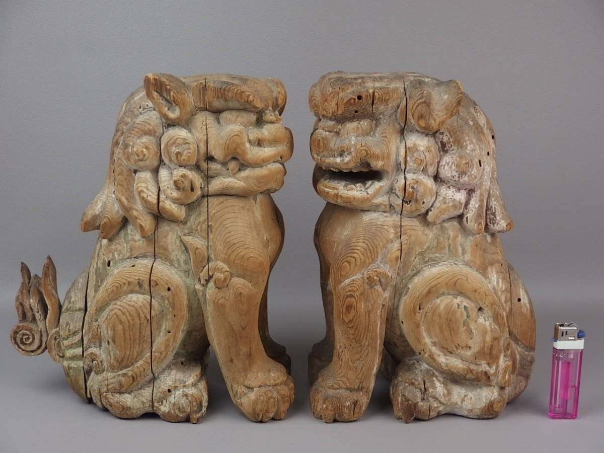 Antique Japanese Wooden Komainu Shishi Guardian Lion Dog Pair Polychrome Shrine Sculpture Edo Period