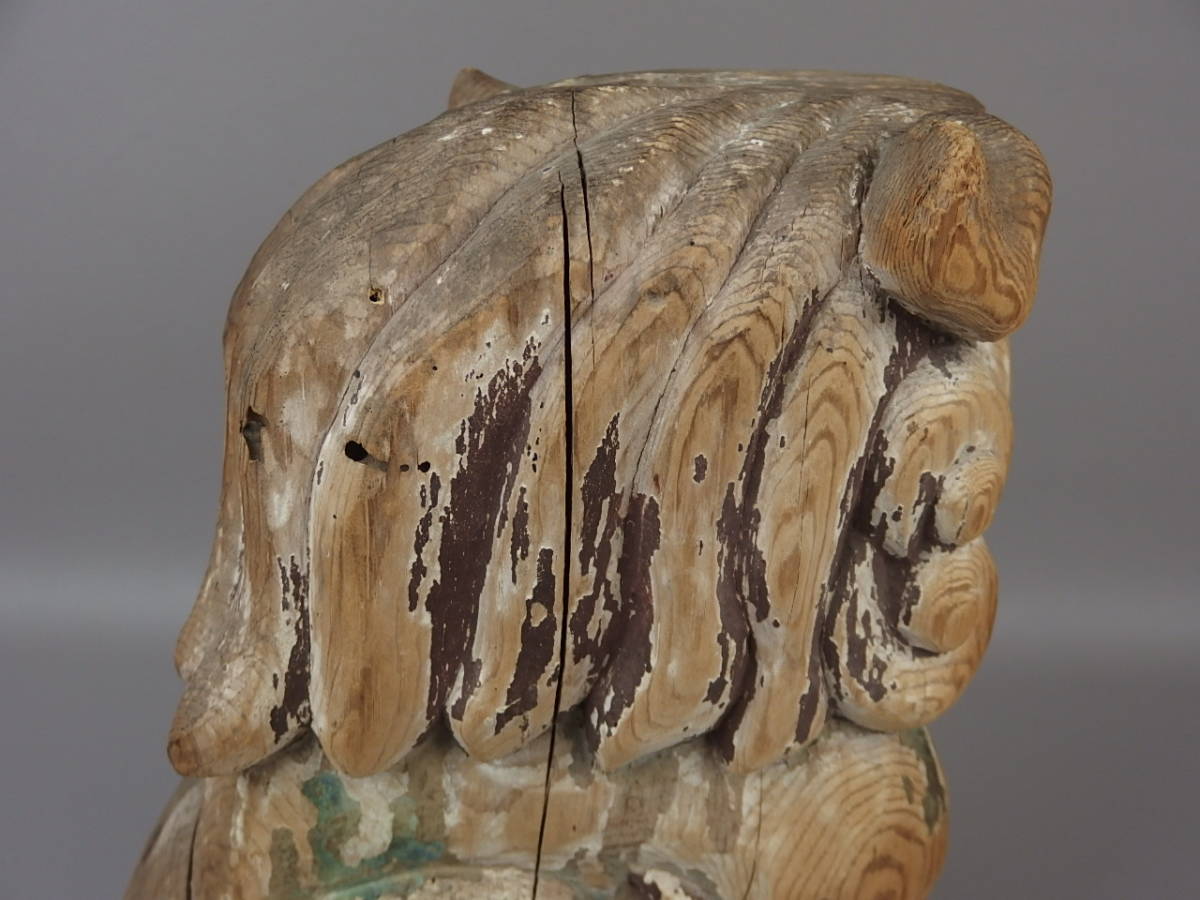 Antique Japanese Wooden Komainu Shishi Guardian Lion Dog Pair Polychrome Shrine Sculpture Edo Period