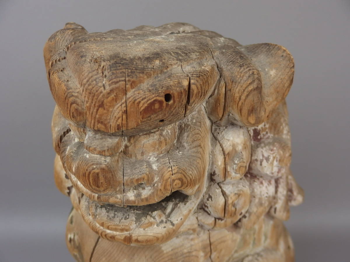 Antique Japanese Wooden Komainu Shishi Guardian Lion Dog Pair Polychrome Shrine Sculpture Edo Period