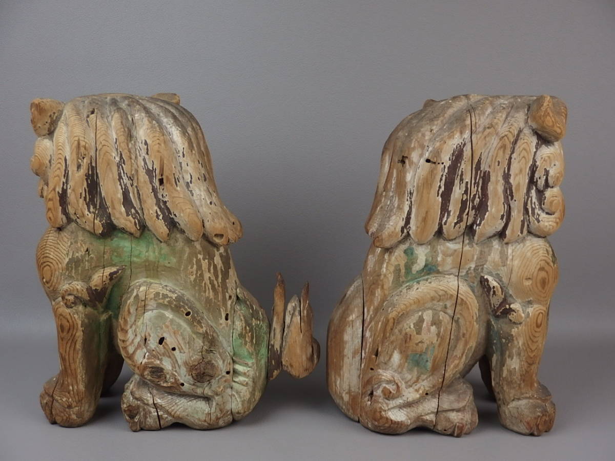 Antique Japanese Wooden Komainu Shishi Guardian Lion Dog Pair Polychrome Shrine Sculpture Edo Period