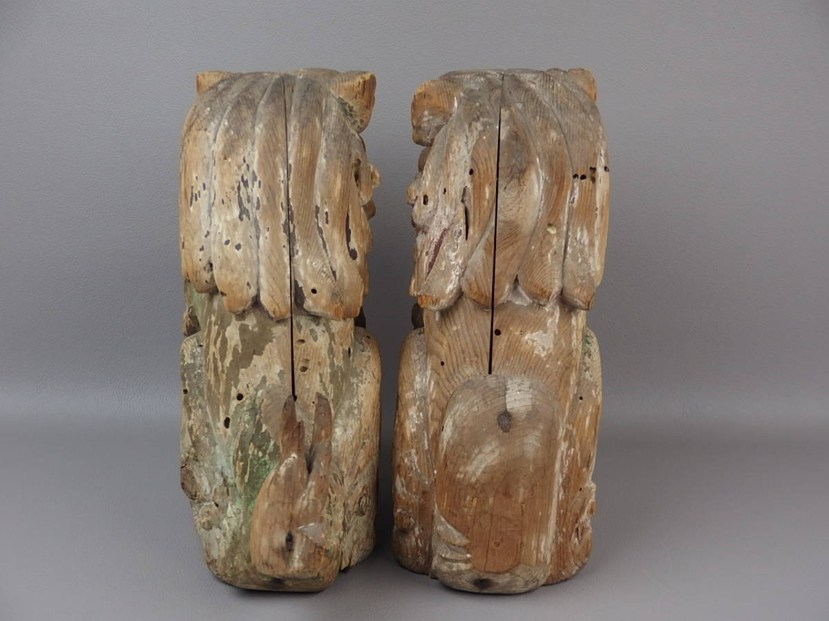 Antique Japanese Wooden Komainu Shishi Guardian Lion Dog Pair Polychrome Shrine Sculpture Edo Period