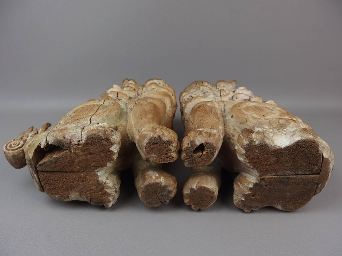 Antique Japanese Wooden Komainu Shishi Guardian Lion Dog Pair Polychrome Shrine Sculpture Edo Period