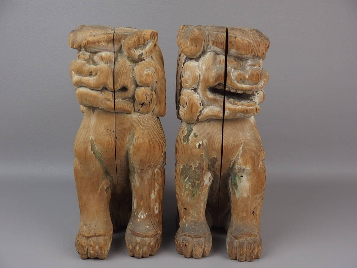 Antique Japanese Wooden Komainu Shishi Guardian Lion Dog Pair Polychrome Shrine Sculpture Edo Period