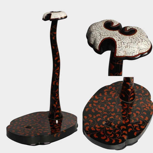 Antique Japanese Lacquer Tachi Sword Stand | Eggshell Crackle Top | Karakusa Vine Pattern | Decorative Arms Display