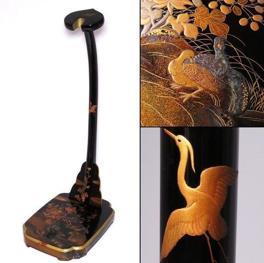 Antique Japanese Lacquer Tachi Sword Stand | Gold Maki-e Flower & Bird Design | Edo–Meiji Period Display | 66cm