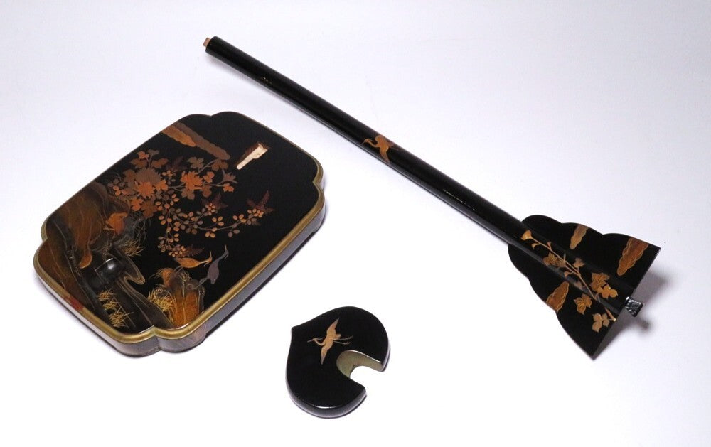 Antique Japanese Lacquer Tachi Sword Stand | Gold Maki-e Flower & Bird Design | Edo–Meiji Period Display | 66cm