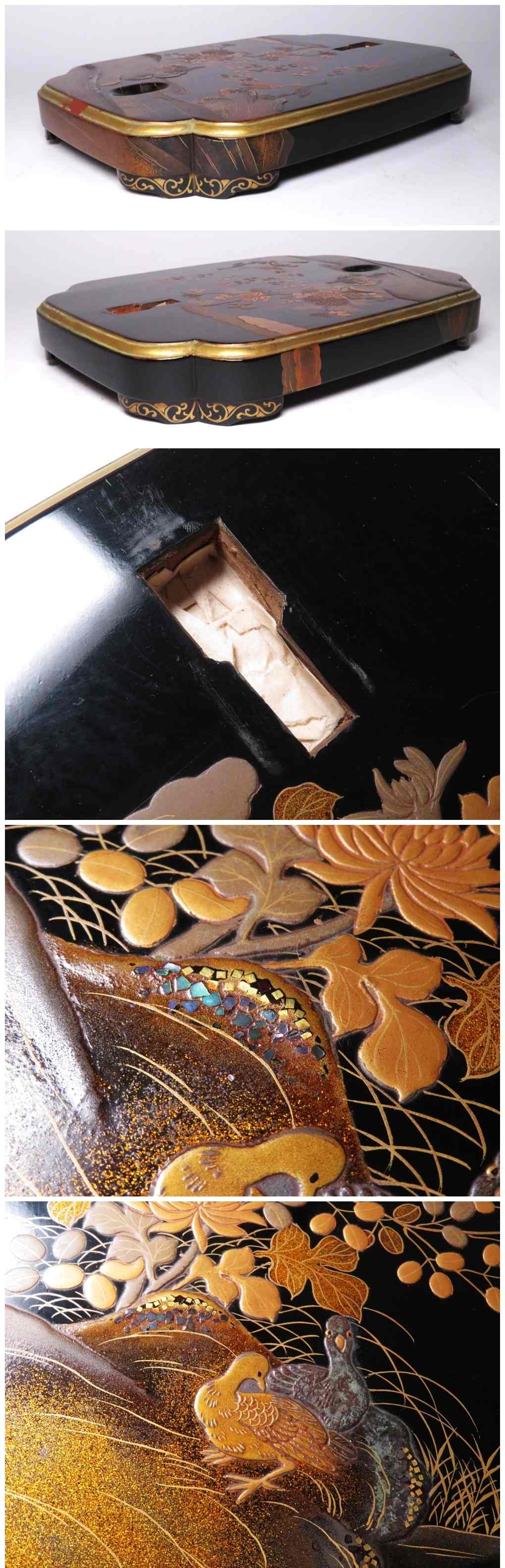 Antique Japanese Lacquer Tachi Sword Stand | Gold Maki-e Flower & Bird Design | Edo–Meiji Period Display | 66cm