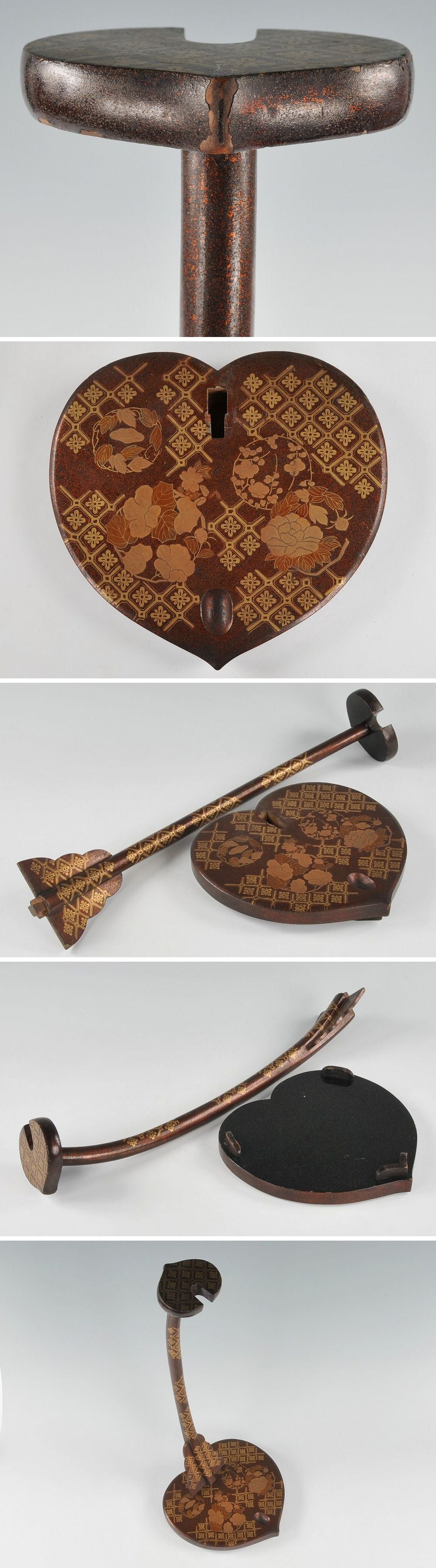 Antique Japanese Lacquer Tachi Sword Stand | Maki-e Floral Motifs | Pear-Skin Ground | Edo–Meiji Decorative Arms Display