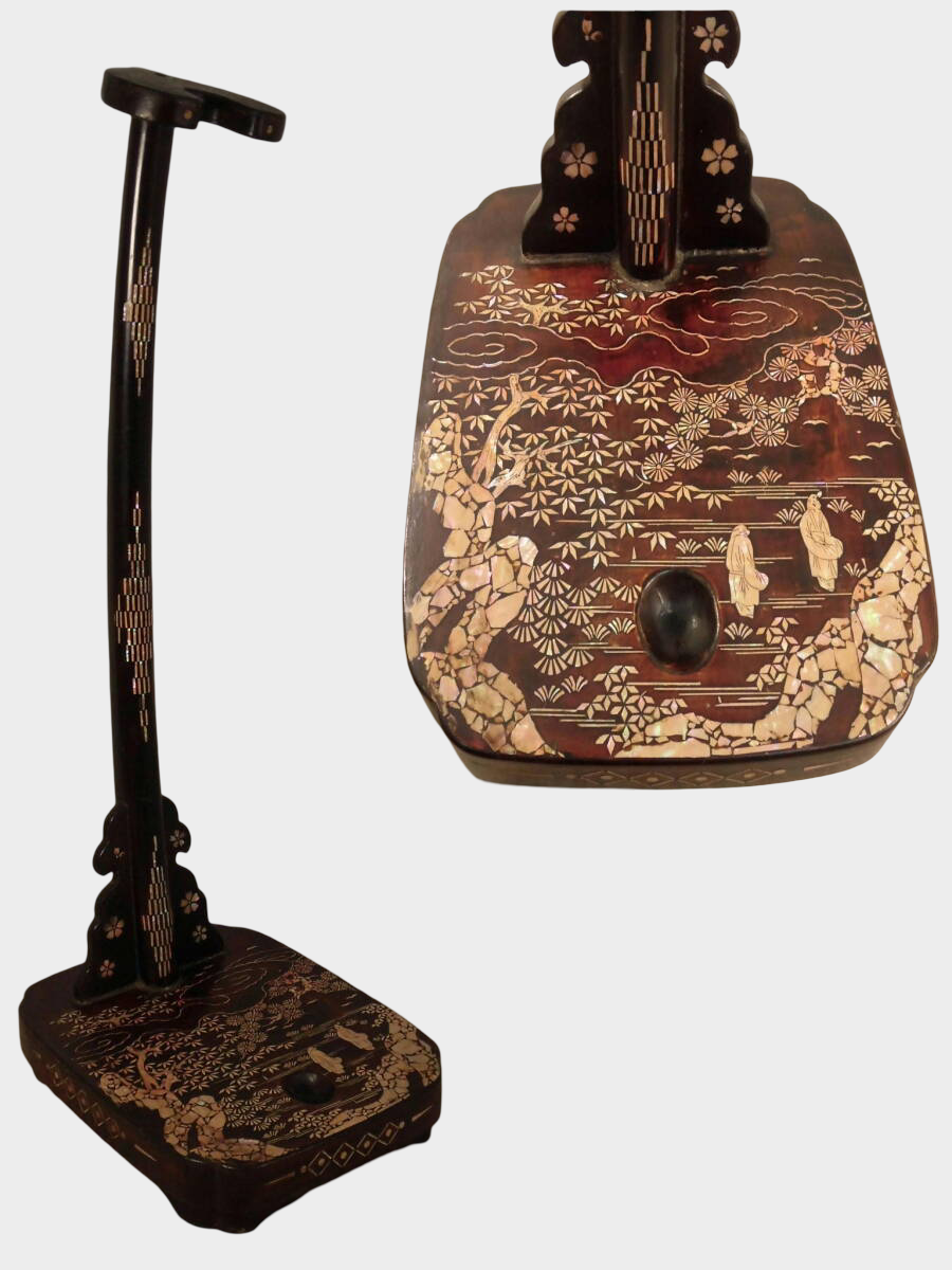 Antique Japanese Lacquer Tachi Sword Stand | Spiral Shell Maki-e Landscape | Edo–Meiji Period | 64cm