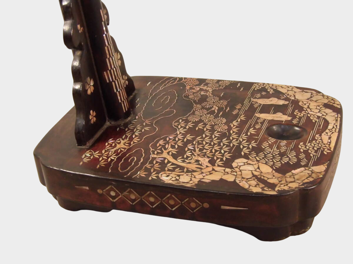 Antique Japanese Lacquer Tachi Sword Stand | Spiral Shell Maki-e Landscape | Edo–Meiji Period | 64cm