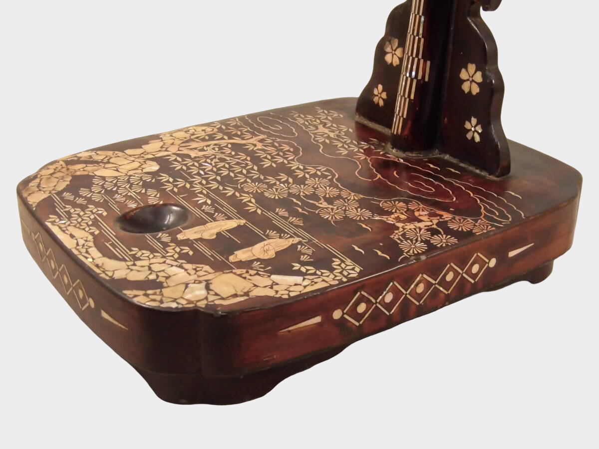 Antique Japanese Lacquer Tachi Sword Stand | Spiral Shell Maki-e Landscape | Edo–Meiji Period | 64cm