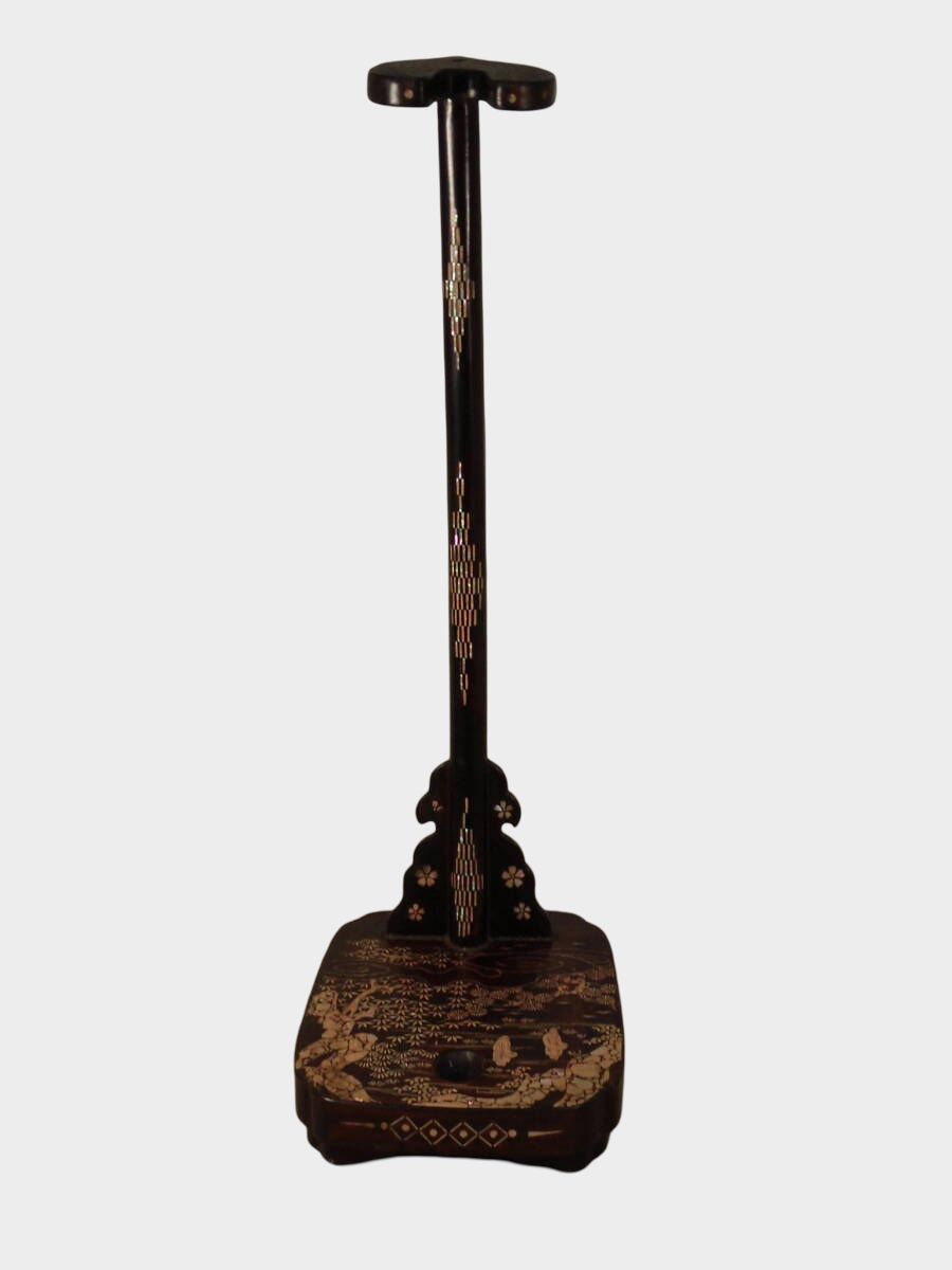 Antique Japanese Lacquer Tachi Sword Stand | Spiral Shell Maki-e Landscape | Edo–Meiji Period | 64cm