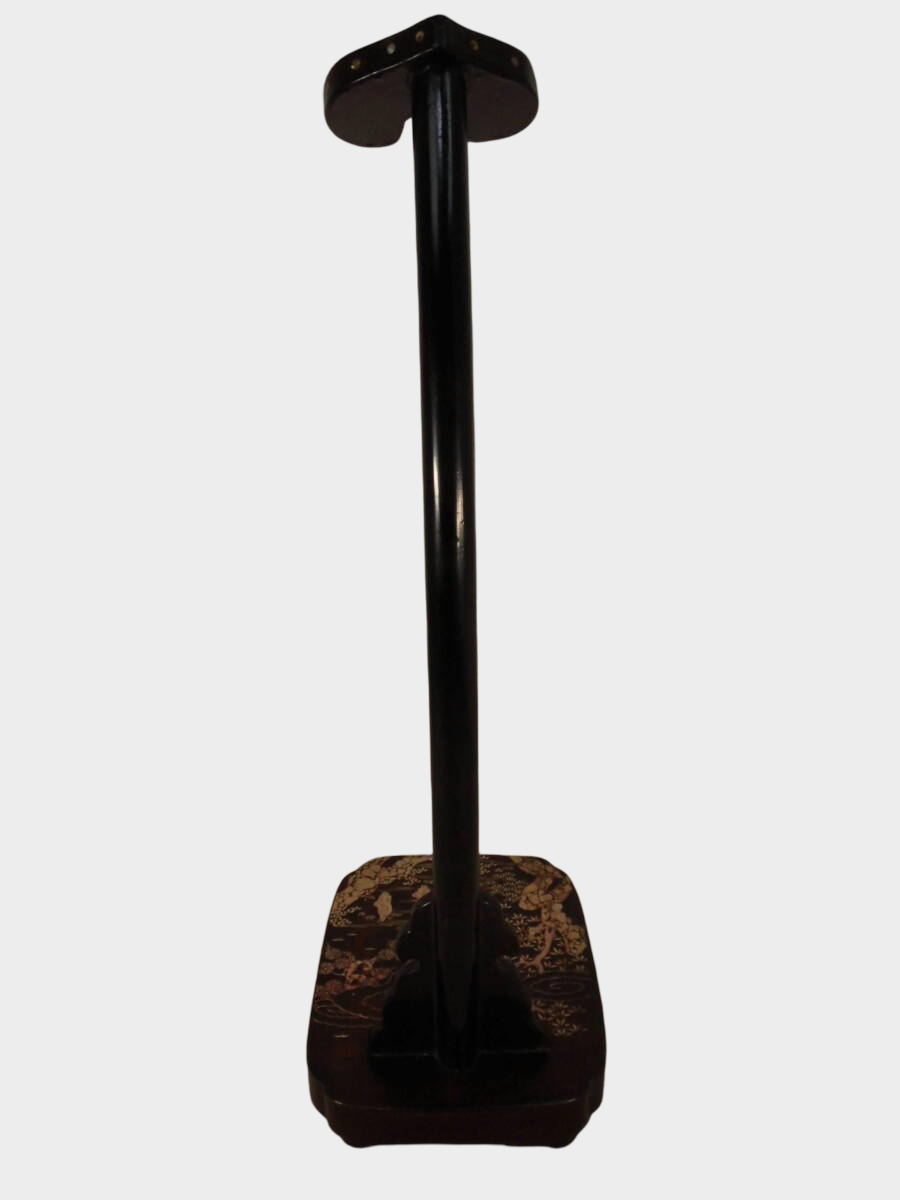 Antique Japanese Lacquer Tachi Sword Stand | Spiral Shell Maki-e Landscape | Edo–Meiji Period | 64cm