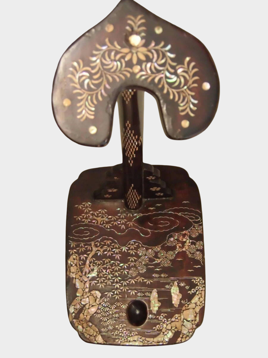 Antique Japanese Lacquer Tachi Sword Stand | Spiral Shell Maki-e Landscape | Edo–Meiji Period | 64cm