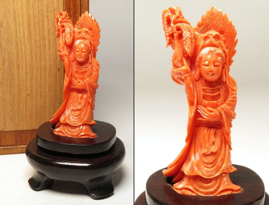 Antique Japanese Red Coral Kannon Miniature Carving Buddhist Sculpture Meiji Period