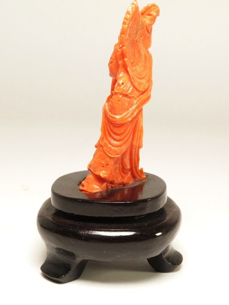 Antique Japanese Red Coral Kannon Miniature Carving Buddhist Sculpture Meiji Period