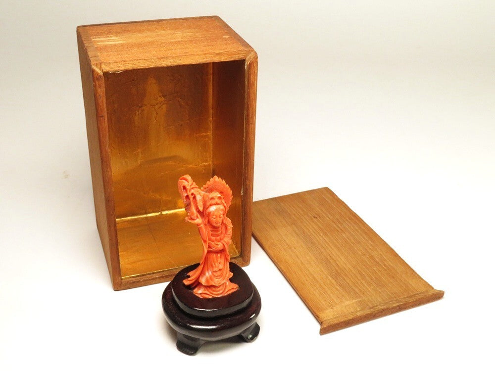Antique Japanese Red Coral Kannon Miniature Carving Buddhist Sculpture Meiji Period