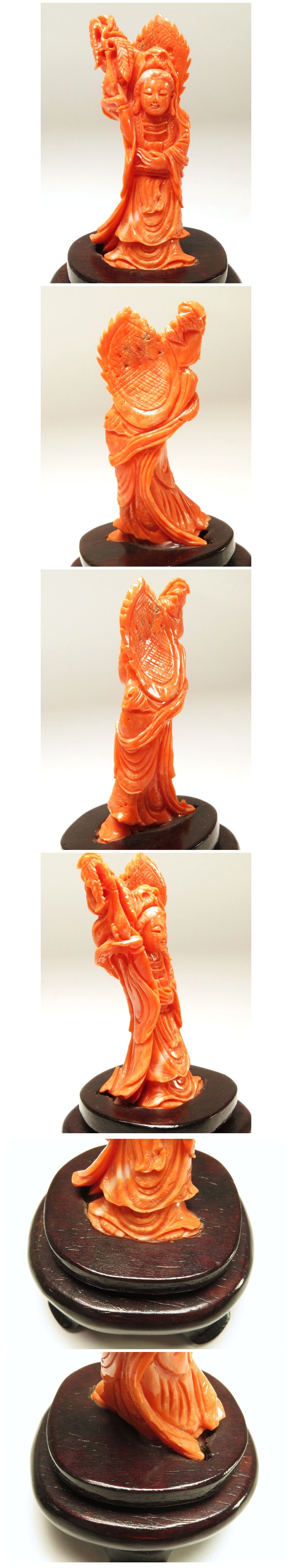 Antique Japanese Red Coral Kannon Miniature Carving Buddhist Sculpture Meiji Period