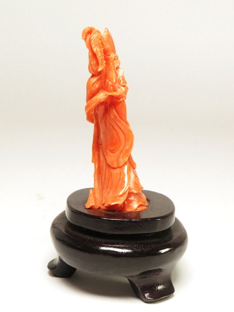 Antique Japanese Red Coral Kannon Miniature Carving Buddhist Sculpture Meiji Period
