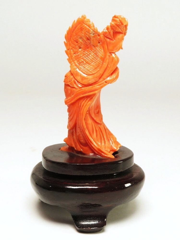 Antique Japanese Red Coral Kannon Miniature Carving Buddhist Sculpture Meiji Period