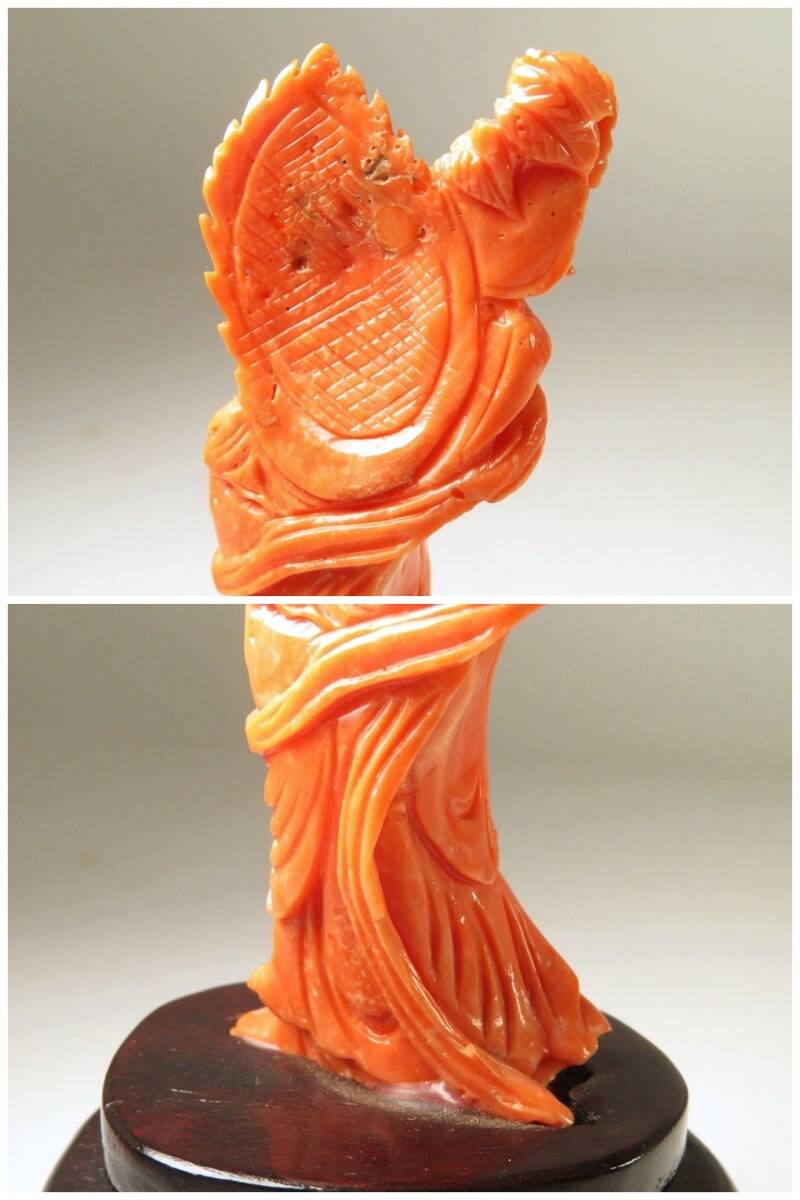 Antique Japanese Red Coral Kannon Miniature Carving Buddhist Sculpture Meiji Period