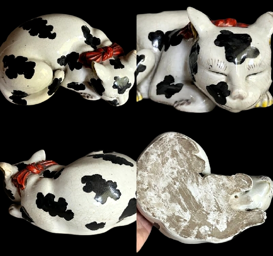 Antique Japanese Sleeping Cat Okimono — Black & White “Cow Cat” Ceramic Figure — Hand-Painted Lucky Cat Ornament, Edo-Meiji Taste