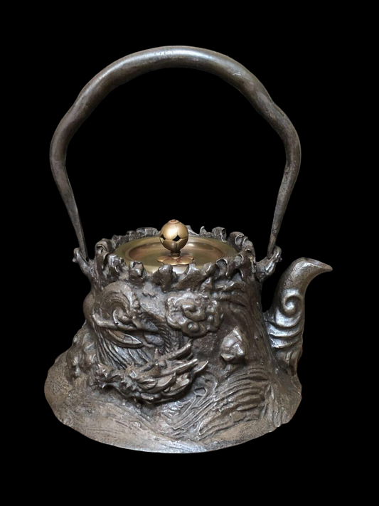 Antique Japanese Tetsubin Iron Kettle — Dragon Relief Lid & Body — Tea Ceremony Cast Iron Kettle