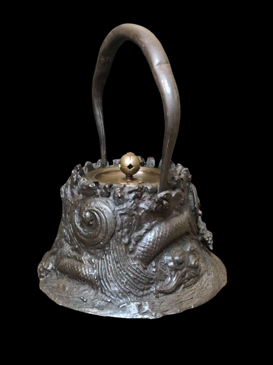 Antique Japanese Tetsubin Iron Kettle — Dragon Relief Lid & Body — Tea Ceremony Cast Iron Kettle