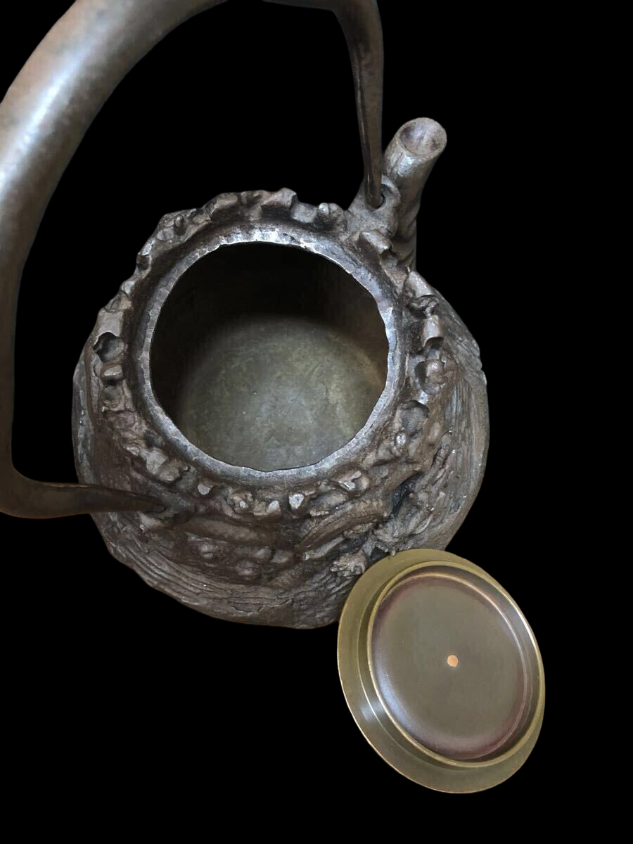 Antique Japanese Tetsubin Iron Kettle — Dragon Relief Lid & Body — Tea Ceremony Cast Iron Kettle