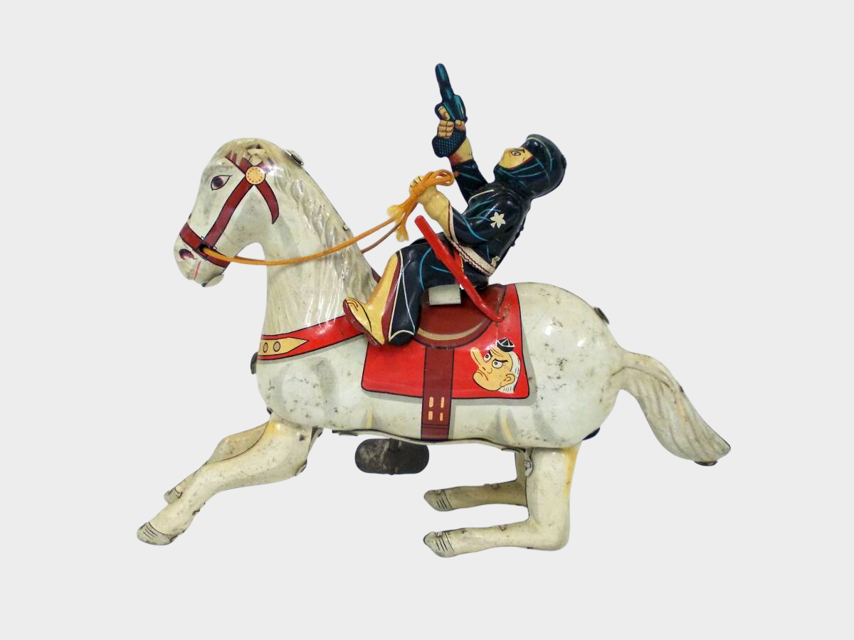 Antique Japanese Tin Wind-Up Samurai Warrior Horse Toy — Showa Era Mechanical Warhorse, Japan