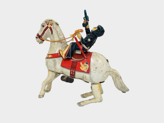 Antique Japanese Tin Wind-Up Samurai Warrior Horse Toy — Showa Era Mechanical Warhorse, Japan