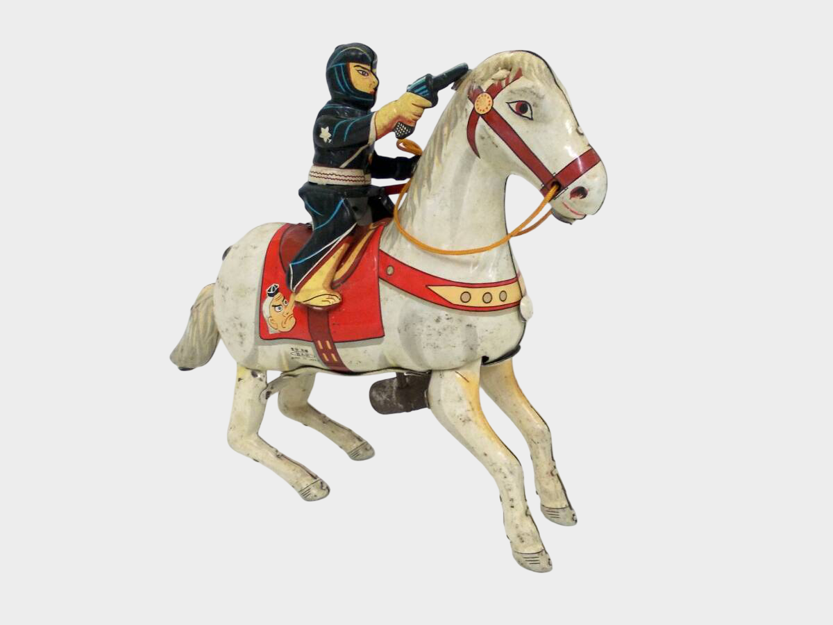 Antique Japanese Tin Wind-Up Samurai Warrior Horse Toy — Showa Era Mechanical Warhorse, Japan