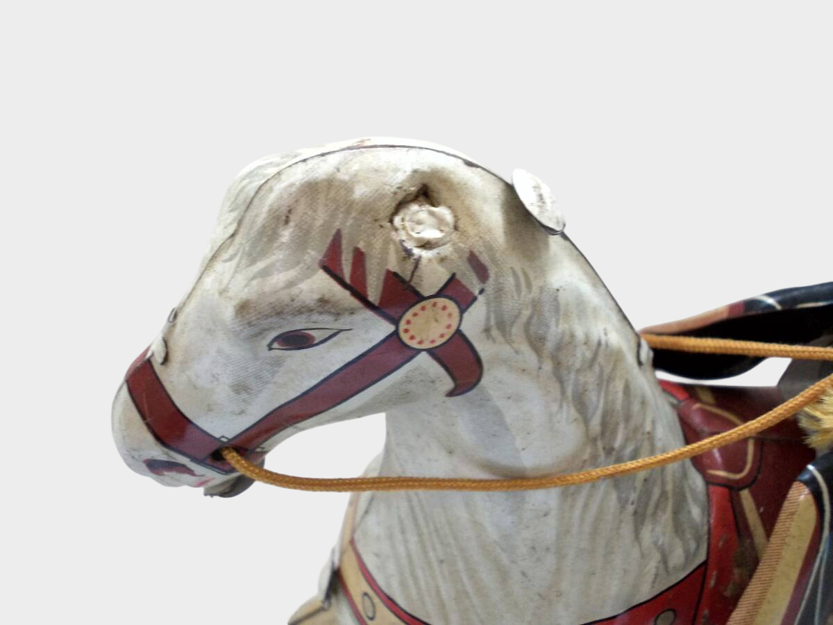 Antique Japanese Tin Wind-Up Samurai Warrior Horse Toy — Showa Era Mechanical Warhorse, Japan