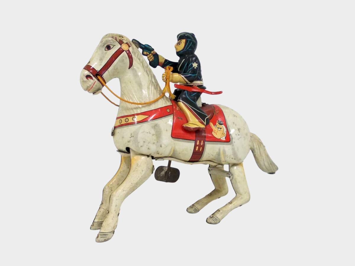 Antique Japanese Tin Wind-Up Samurai Warrior Horse Toy — Showa Era Mechanical Warhorse, Japan