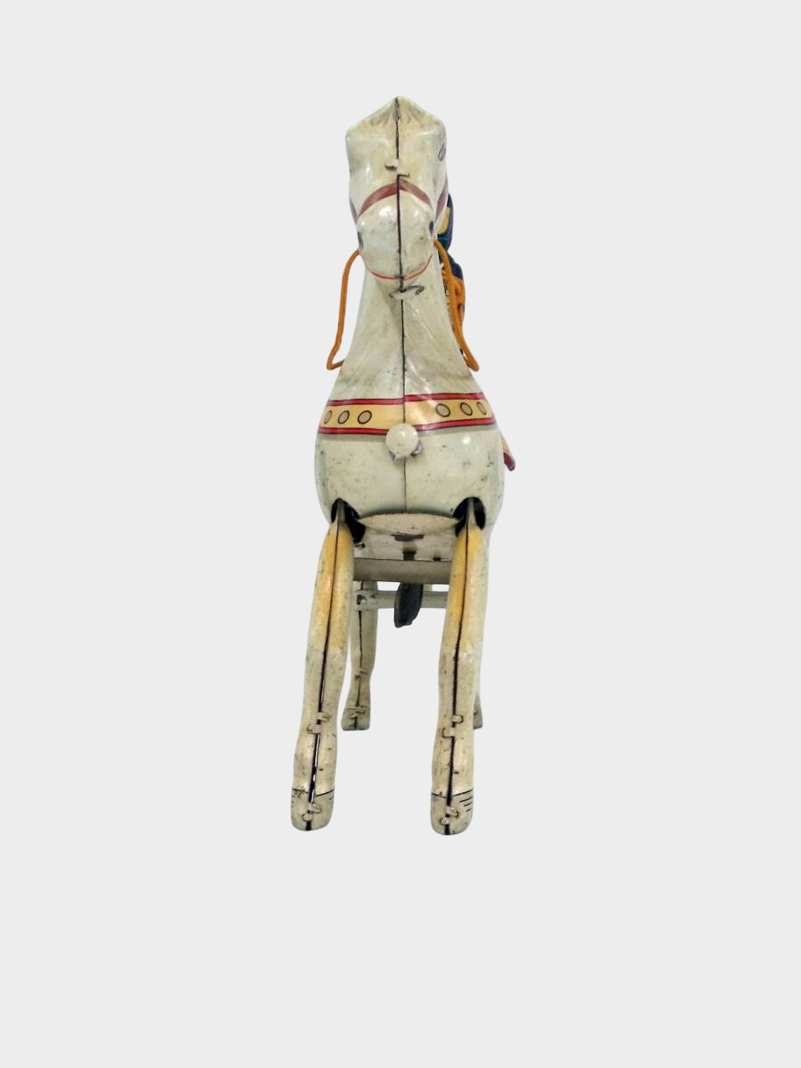 Antique Japanese Tin Wind-Up Samurai Warrior Horse Toy — Showa Era Mechanical Warhorse, Japan