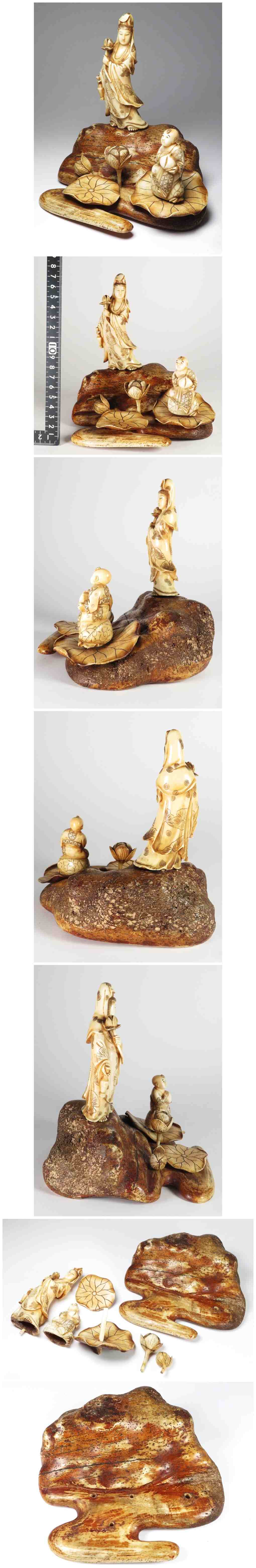 Antique Japanese White Robe Kannon Seicho Carving Lotus Base Meiji Period Sculpture