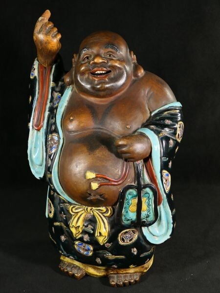 Antique Kutani Ware Hotei Figure | Seven Gods of Fortune | Polychrome Ceramic Sculpture | Approx. 33 cm