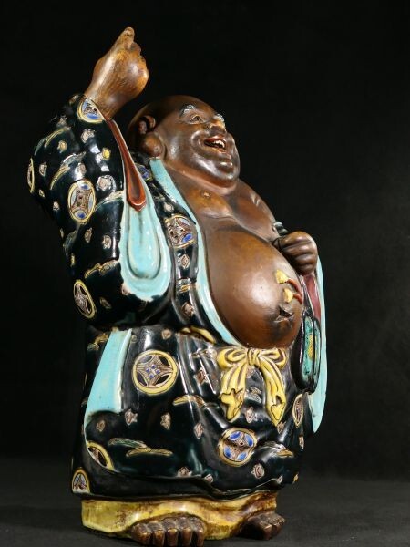 Antique Kutani Ware Hotei Figure | Seven Gods of Fortune | Polychrome Ceramic Sculpture | Approx. 33 cm