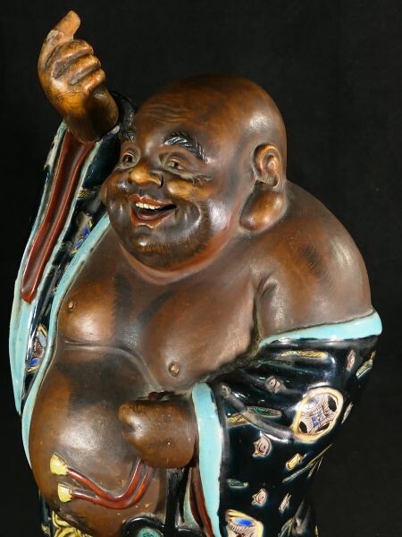 Antique Kutani Ware Hotei Figure | Seven Gods of Fortune | Polychrome Ceramic Sculpture | Approx. 33 cm
