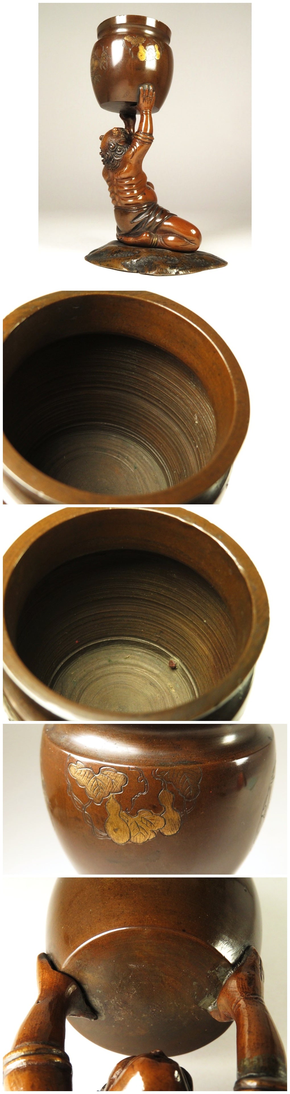 Authentic Meiji Period Japanese Metal Oni Figure Vessel — Bronze Demon Sculpture Supporting Bowl, Museum-Grade Metal Art Object