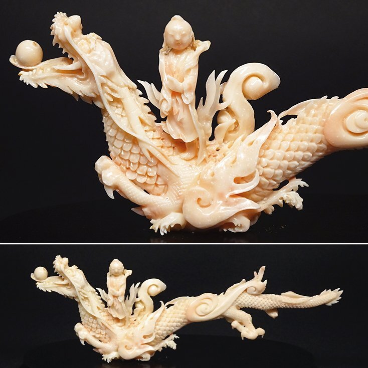 Antique Natural Coral Dragon Immortal Sculpture with Glass Case Japanese Scholar Art