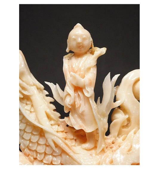 Antique Natural Coral Dragon Immortal Sculpture with Glass Case Japanese Scholar Art