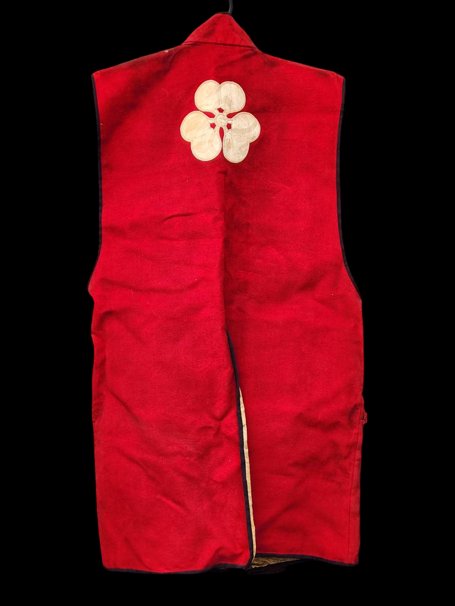 Edo Period Antique Samurai Jinbaori Battle Surcoat | Crimson Wool-Style Outer with Gold Brocade Lining | Command Coat Over Armor | Museum Display Textile
