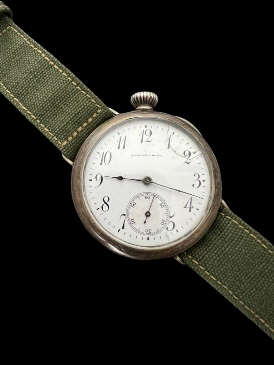 Tiffany & Co. Antique Driver’s Watch ca.1900 – Early Wristwatch Conversion, Sterling Silver 93.5%, Porcelain Dial, 41mm, Rare Tiffany Movement