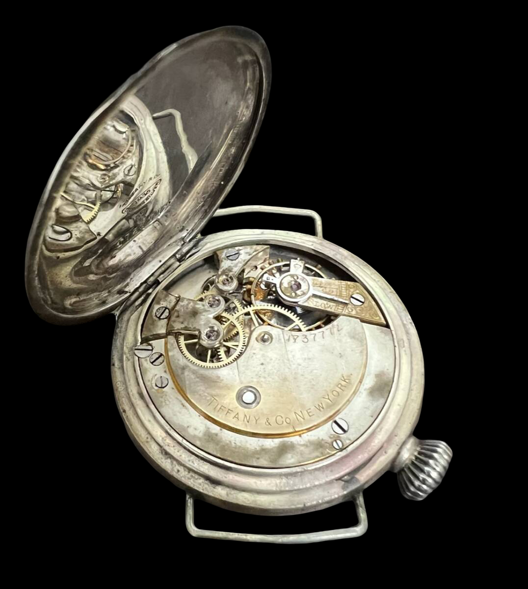 Tiffany & Co. Antique Driver’s Watch ca.1900 – Early Wristwatch Conversion, Sterling Silver 93.5%, Porcelain Dial, 41mm, Rare Tiffany Movement