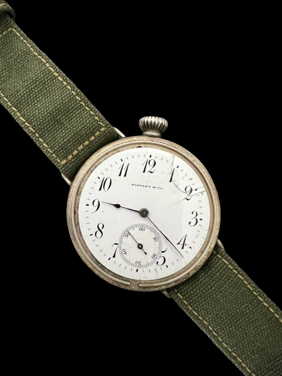 Tiffany & Co. Antique Driver’s Watch ca.1900 – Early Wristwatch Conversion, Sterling Silver 93.5%, Porcelain Dial, 41mm, Rare Tiffany Movement